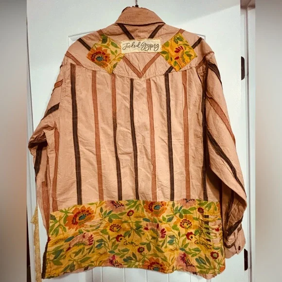 Jaded Gypsy Striped Button-Up Shirt with Colorful Patches/Boho-Urban Style,L/XL
